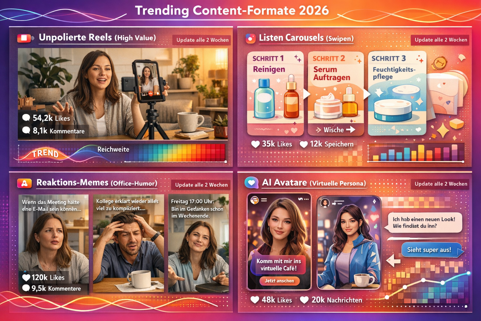 Landscape format (1536x1024) creative showcase of trending Instagram content formats for 2026. Grid layout displaying four quadrants: top-le - Instagram Trends 2026: KI-Tools für authentische Posts automatisieren ohne Perfektionismus 5 Landscape format (1536x1024) creative showcase of trending Instagram content formats for 2026. Grid layout displaying four quadrants: top-le