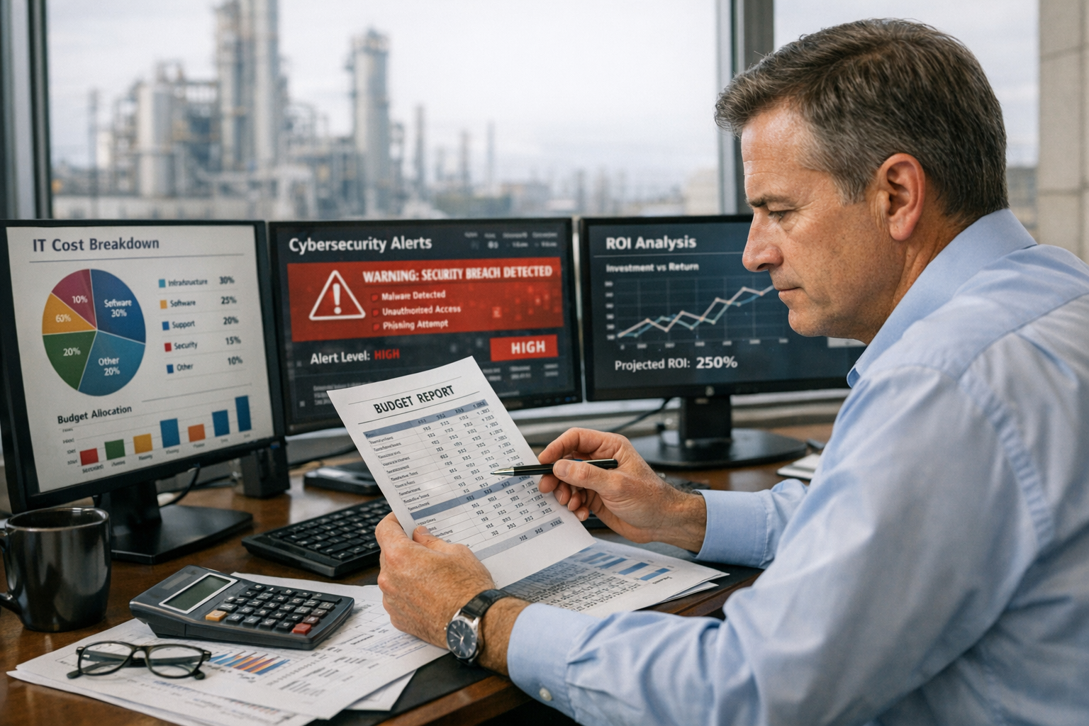 () image showing manufacturing executive at desk reviewing budget spreadsheets with multiple monitors displaying IT cost