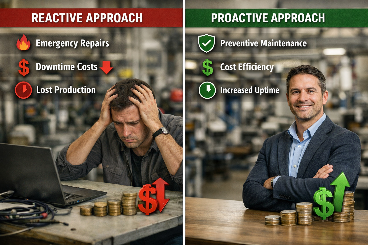 Split-screen infographic style image () showing common IT budgeting mistakes in manufacturing. Left side: reactive approach