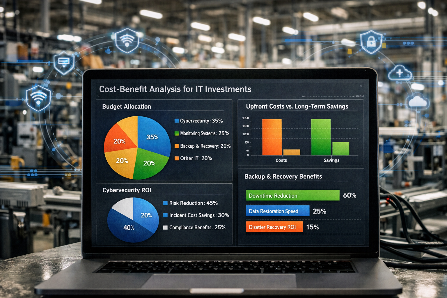 Detailed landscape () cost-benefit analysis visualization for manufacturing IT investments. Interactive dashboard showing