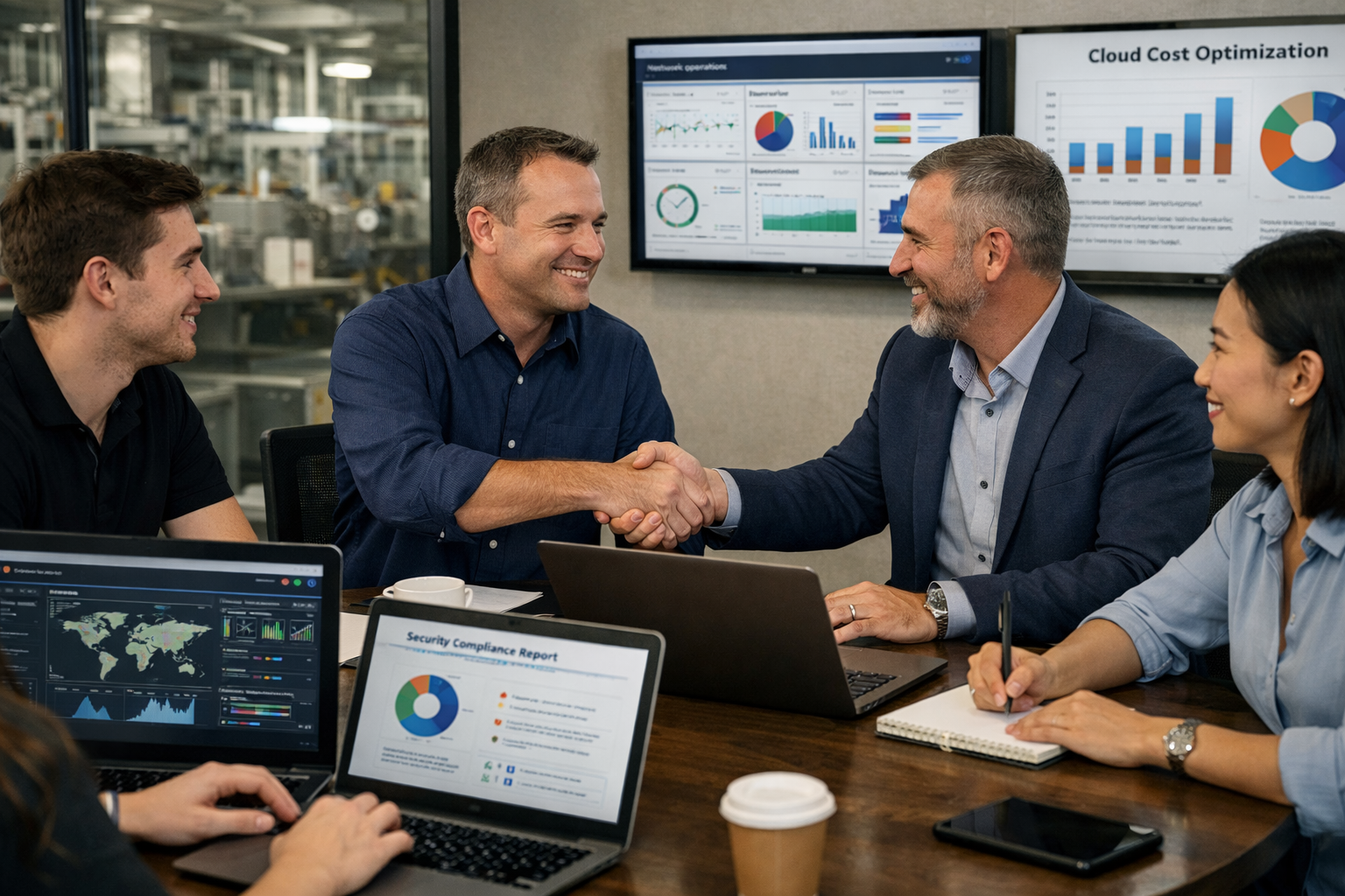 Modern landscape () image of manufacturing IT team collaborating with managed service provider representatives around