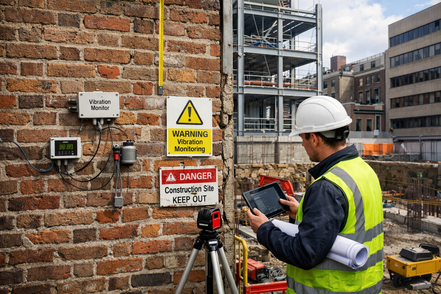Detailed () image showing close-up of shared party wall between existing commercial building and new data centre