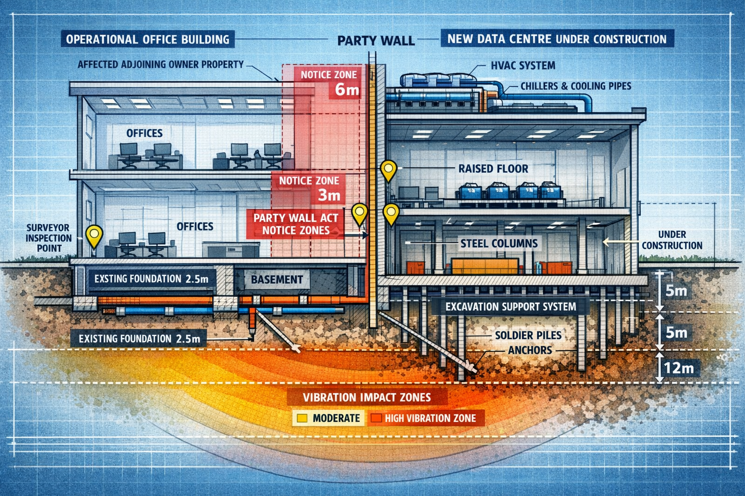 Detailed () technical illustration showing cross-section diagram of data centre party wall scenario with multiple layers of
