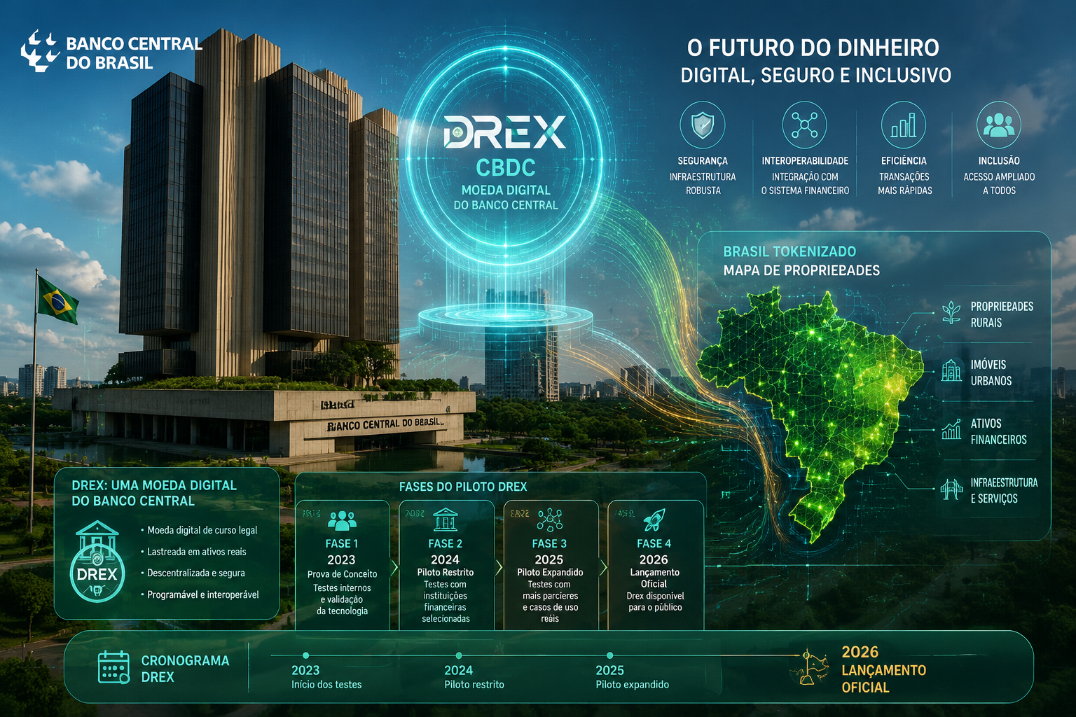 Wide-angle () showing the Banco Central do Brasil headquarters in Brasília with holographic Drex CBDC digital currency