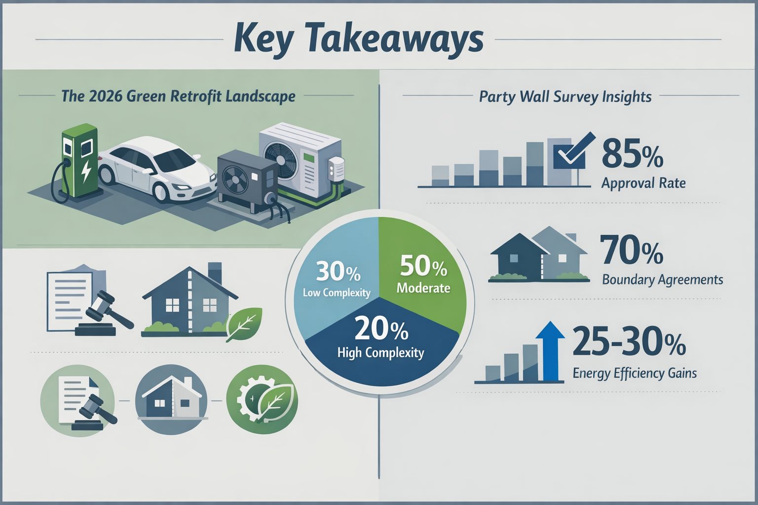 Key Takeaways section editorial infographic with split-screen design: Left side visualizes 2026 green retrofit landscape