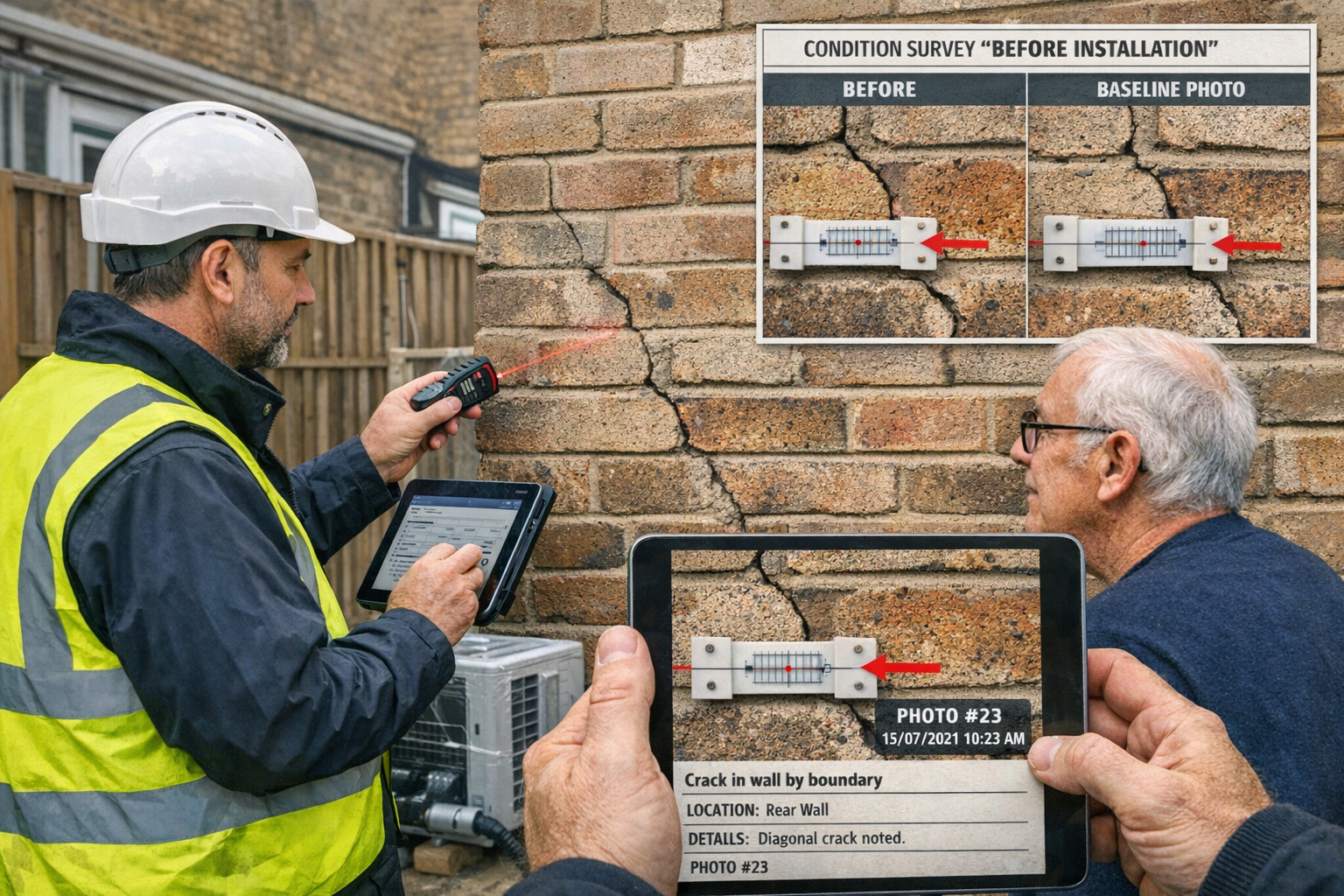 Detailed () professional photograph of party wall surveyor conducting pre-work condition survey at terraced property
