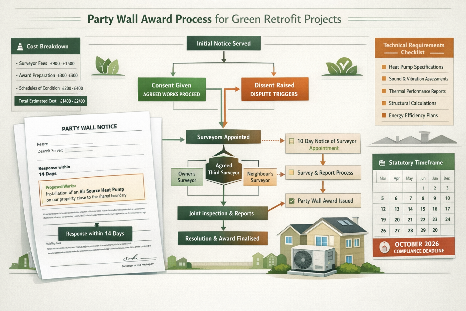 Detailed () infographic-style composition showing party wall award document workflow for green retrofit projects, featuring