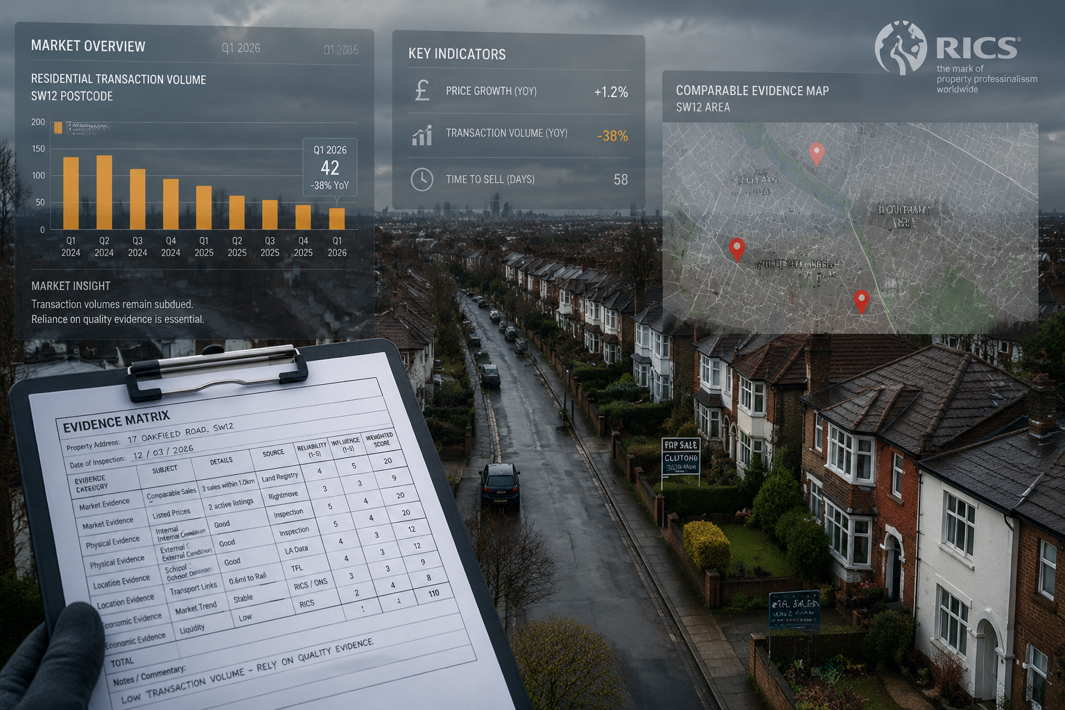 Wide-angle aerial view of a quiet UK residential street in 2026 with minimal 'SOLD' boards visible, overlaid with a