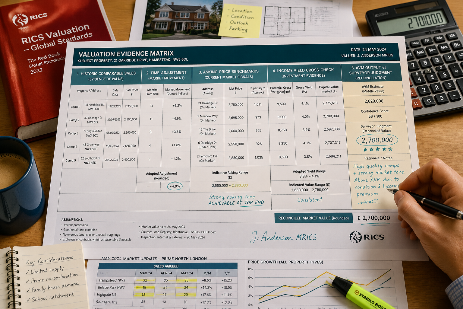 Close-up flat-lay of a professional valuation evidence matrix document on a desk, showing columns for historic comparable