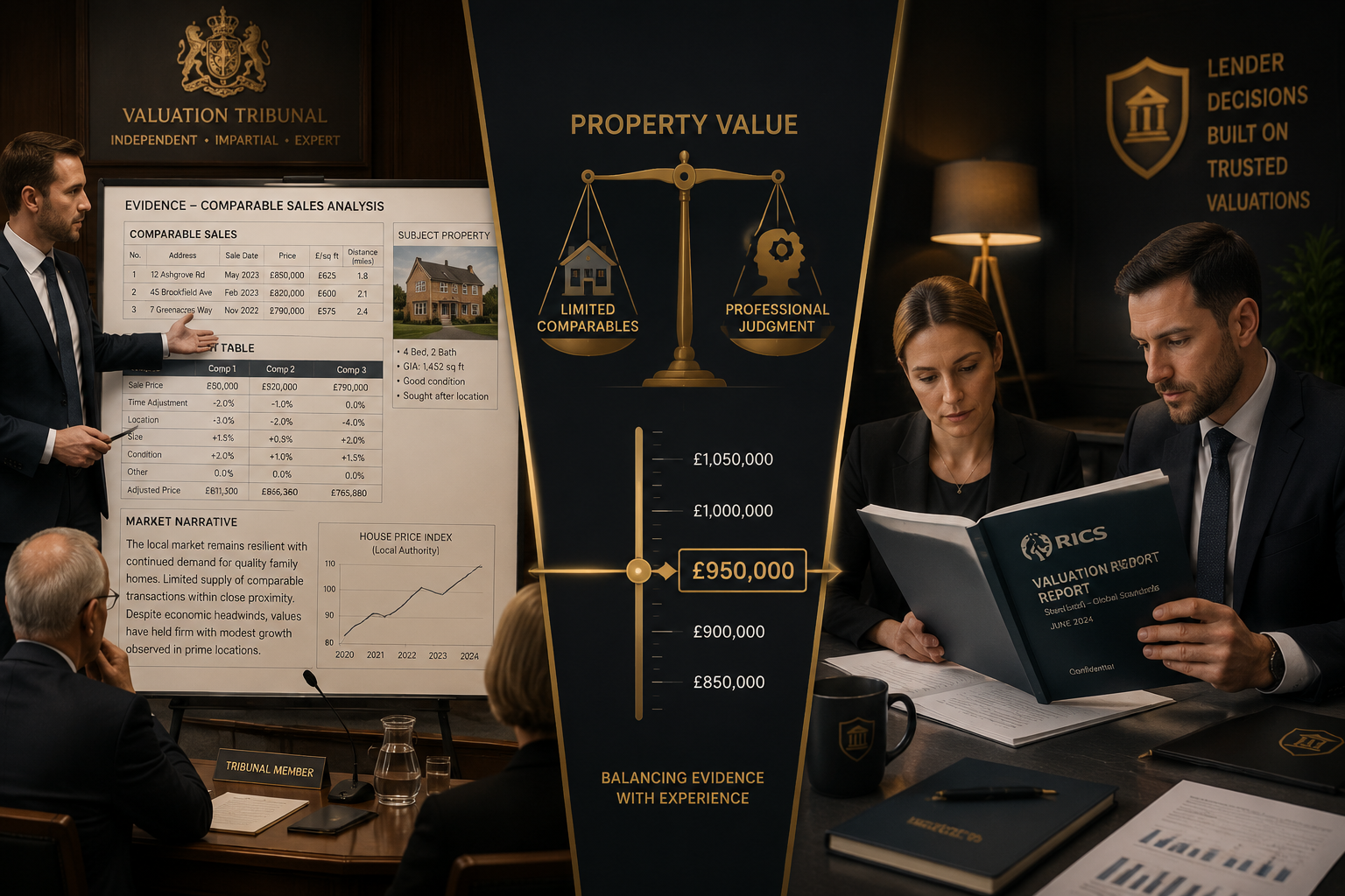 Split-composition image showing on the left a courtroom-style tribunal setting with a surveyor presenting a large evidence