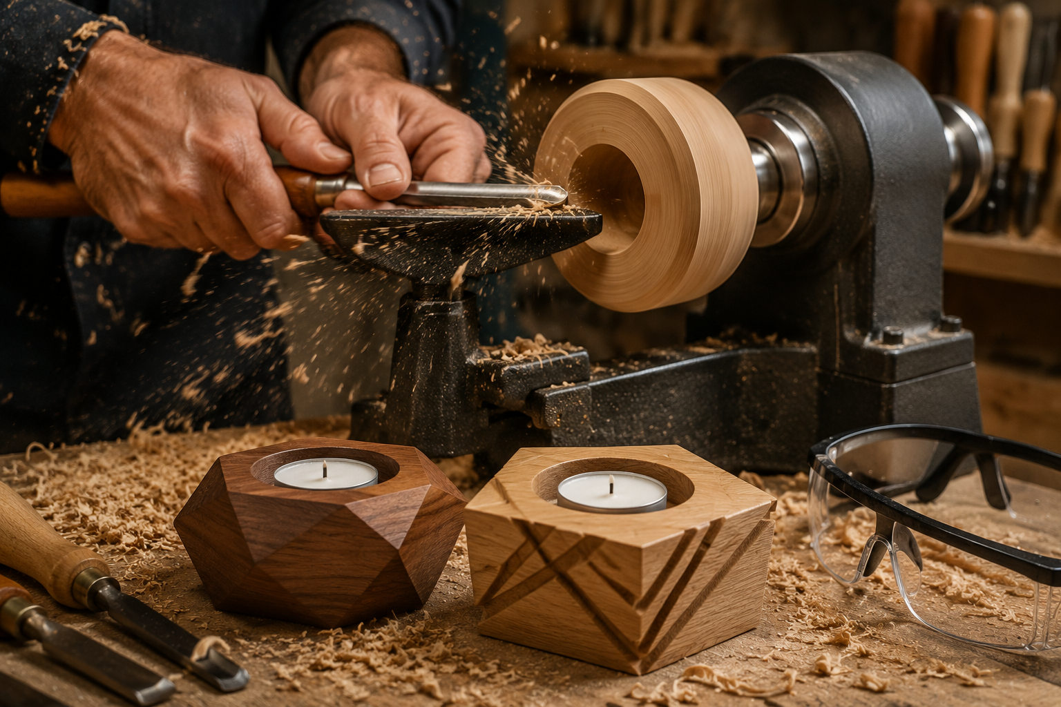 Detailed () image showing a close-up of a woodturning lathe in action, with a piece of hardwood (like oak or maple) being