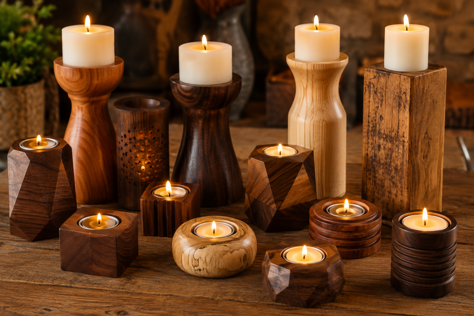 Detailed () image presenting a diverse array of finished wooden candle holders on a rustic wooden table. Showcase various