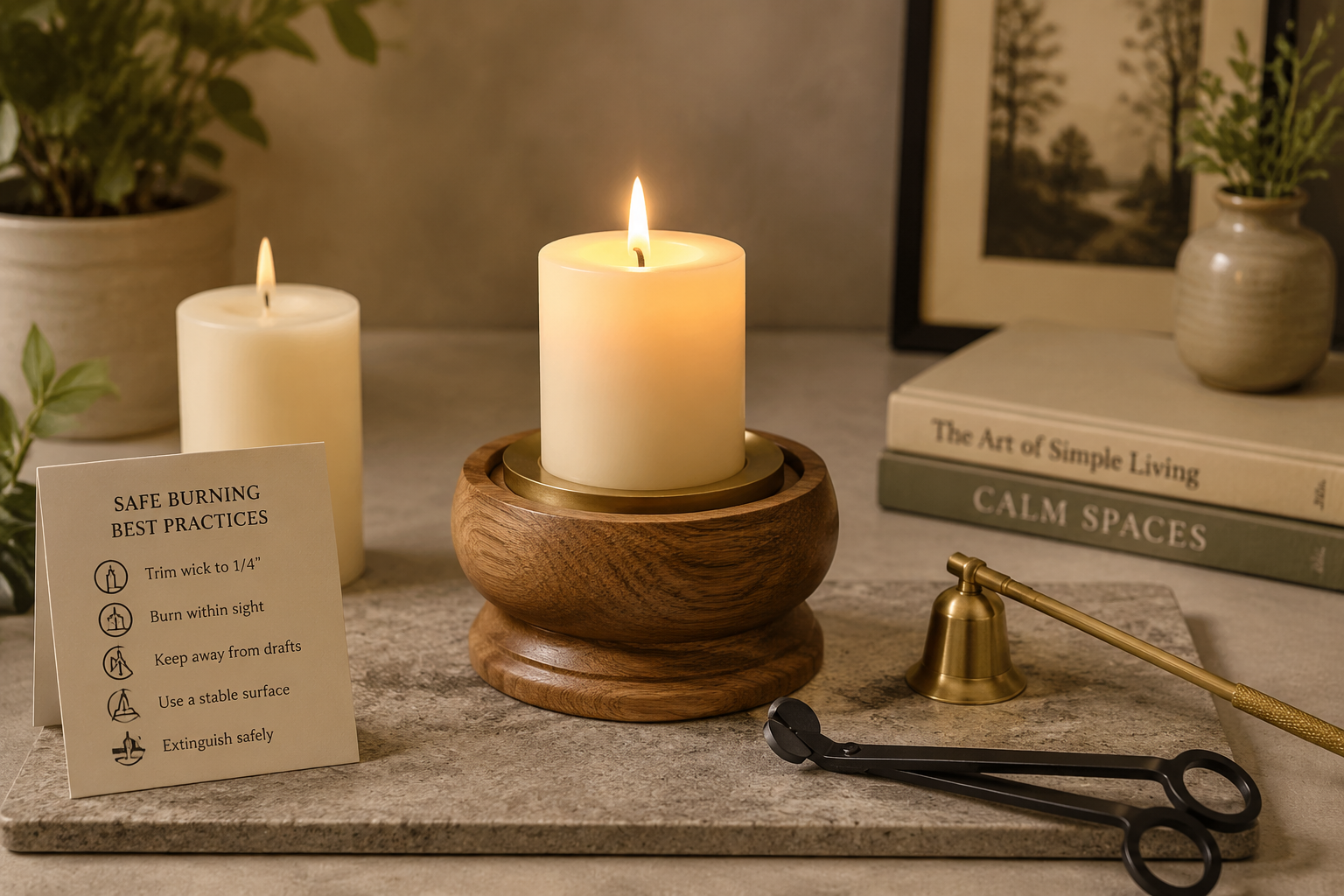 Detailed () image illustrating safe burning techniques for wooden candle holders. Show a beautifully lit pillar candle in a