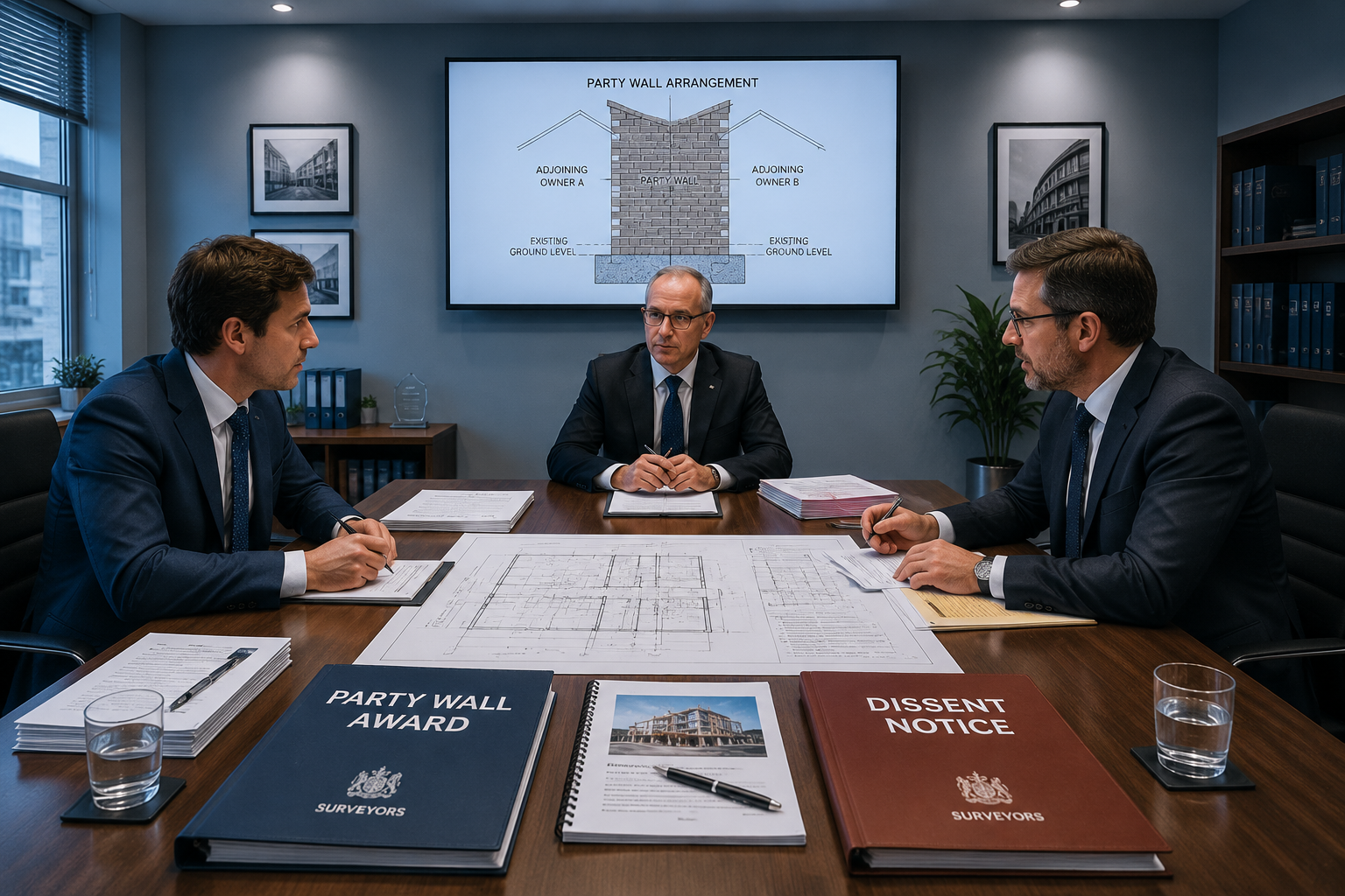 Wide-angle editorial illustration of a formal party wall dispute process: two surveyors in suits sitting across a conference