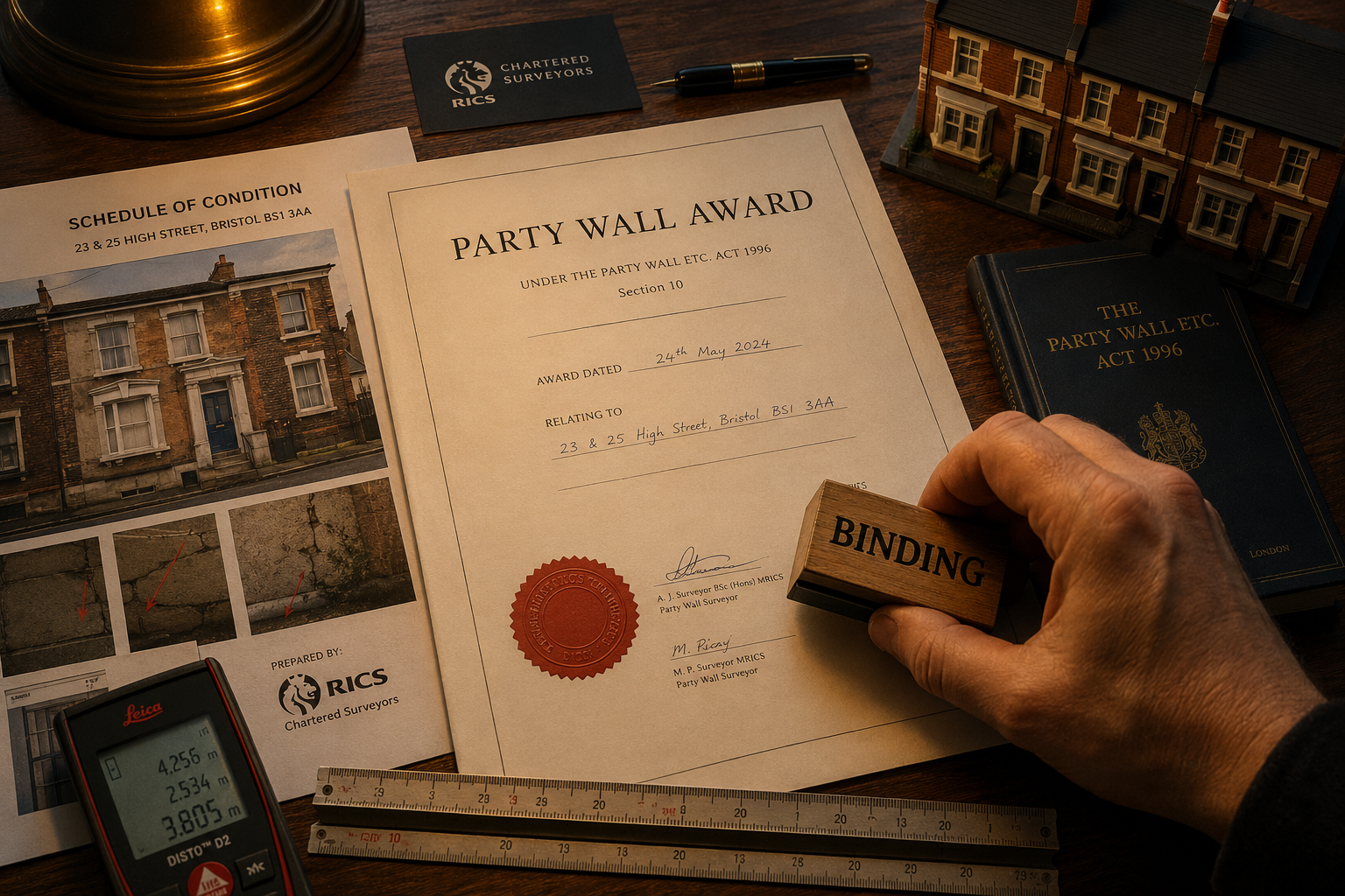 Close-up overhead flat-lay photograph of a Party Wall Award legal document on a dark oak desk, surrounded by a surveyor's