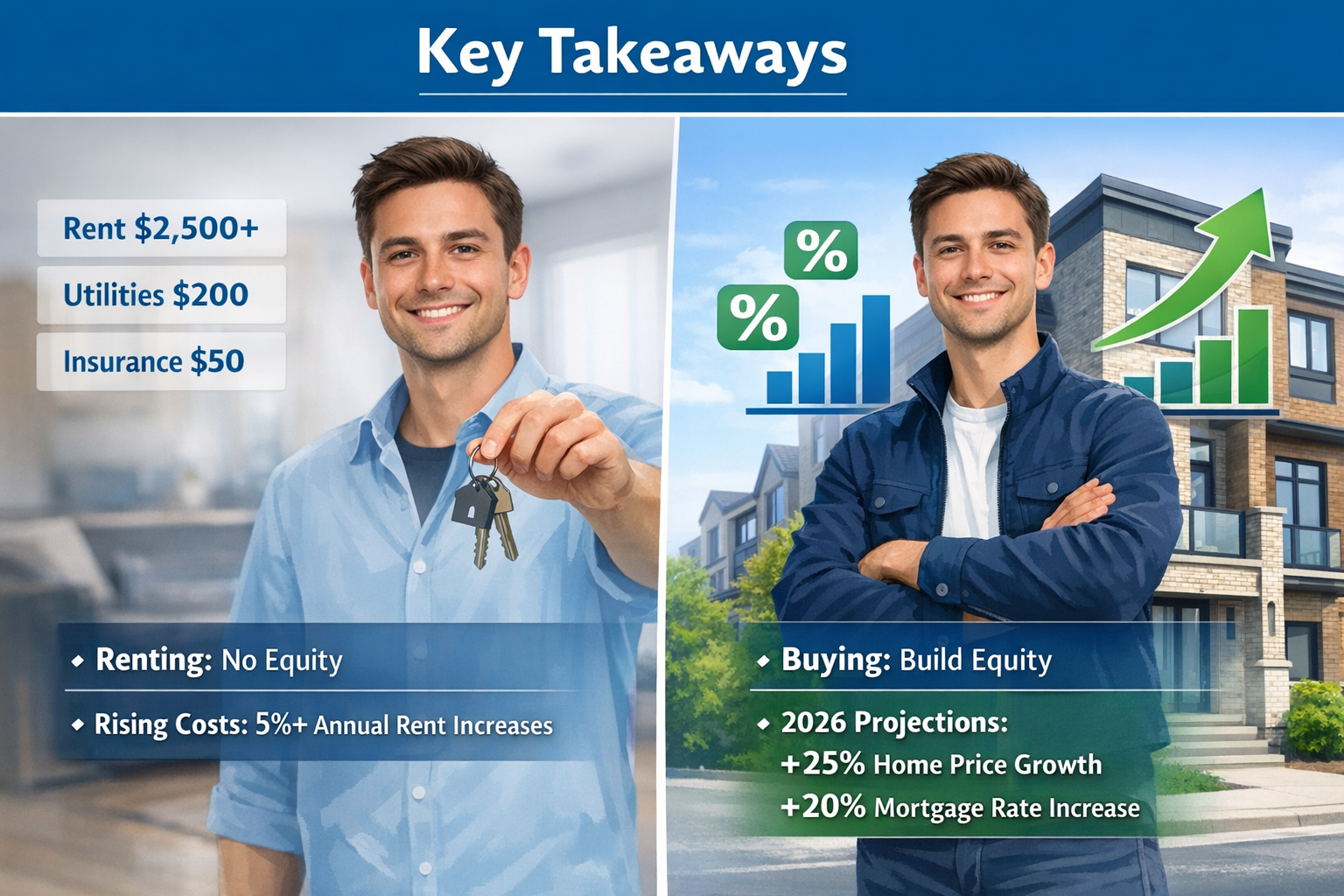 Key Takeaways section infographic featuring a split-screen visual: Left side shows a young professional holding rental keys with a transpare