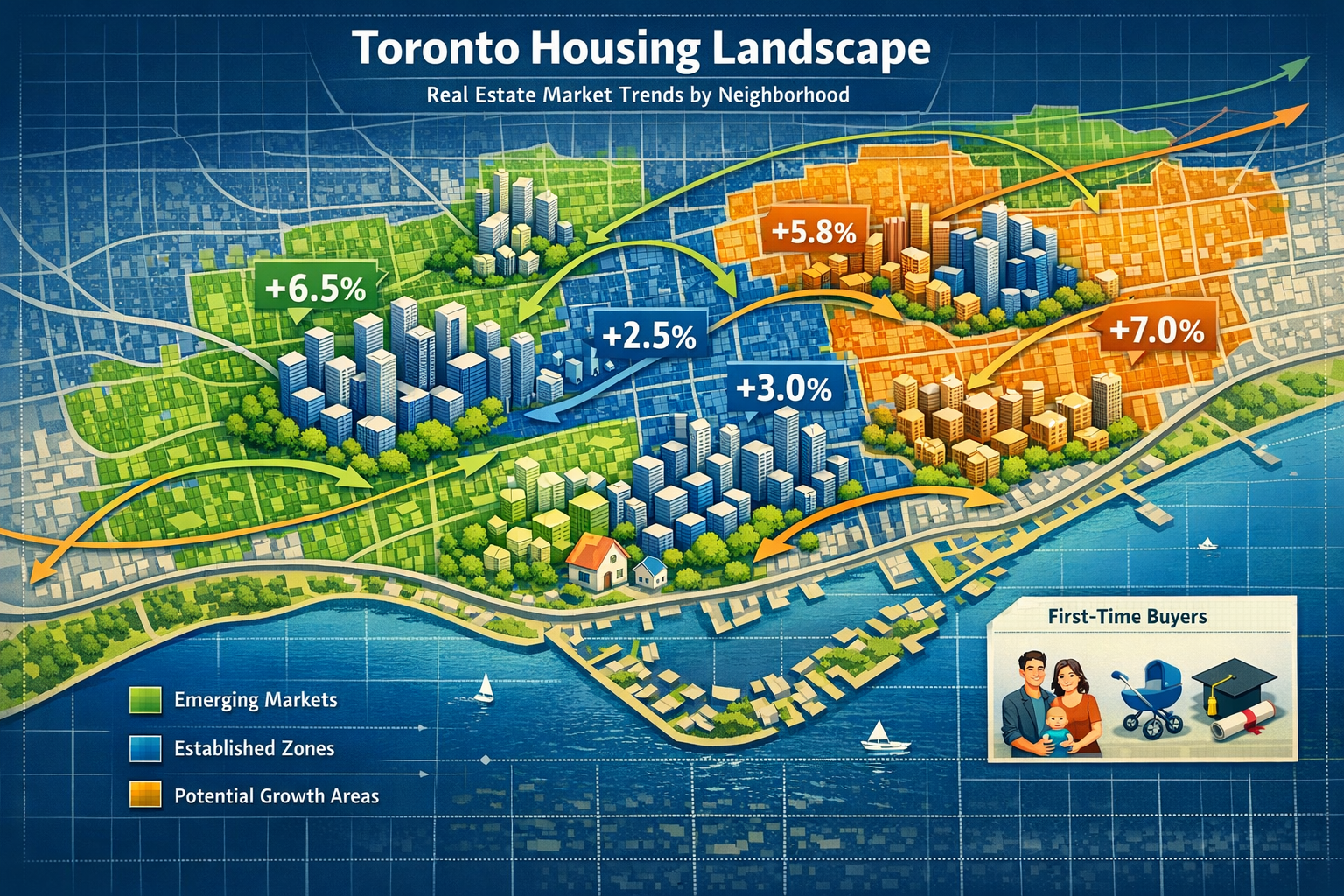 Toronto Housing Landscape section visualization showing a detailed map of Toronto neighborhoods with color-coded zones representing differen