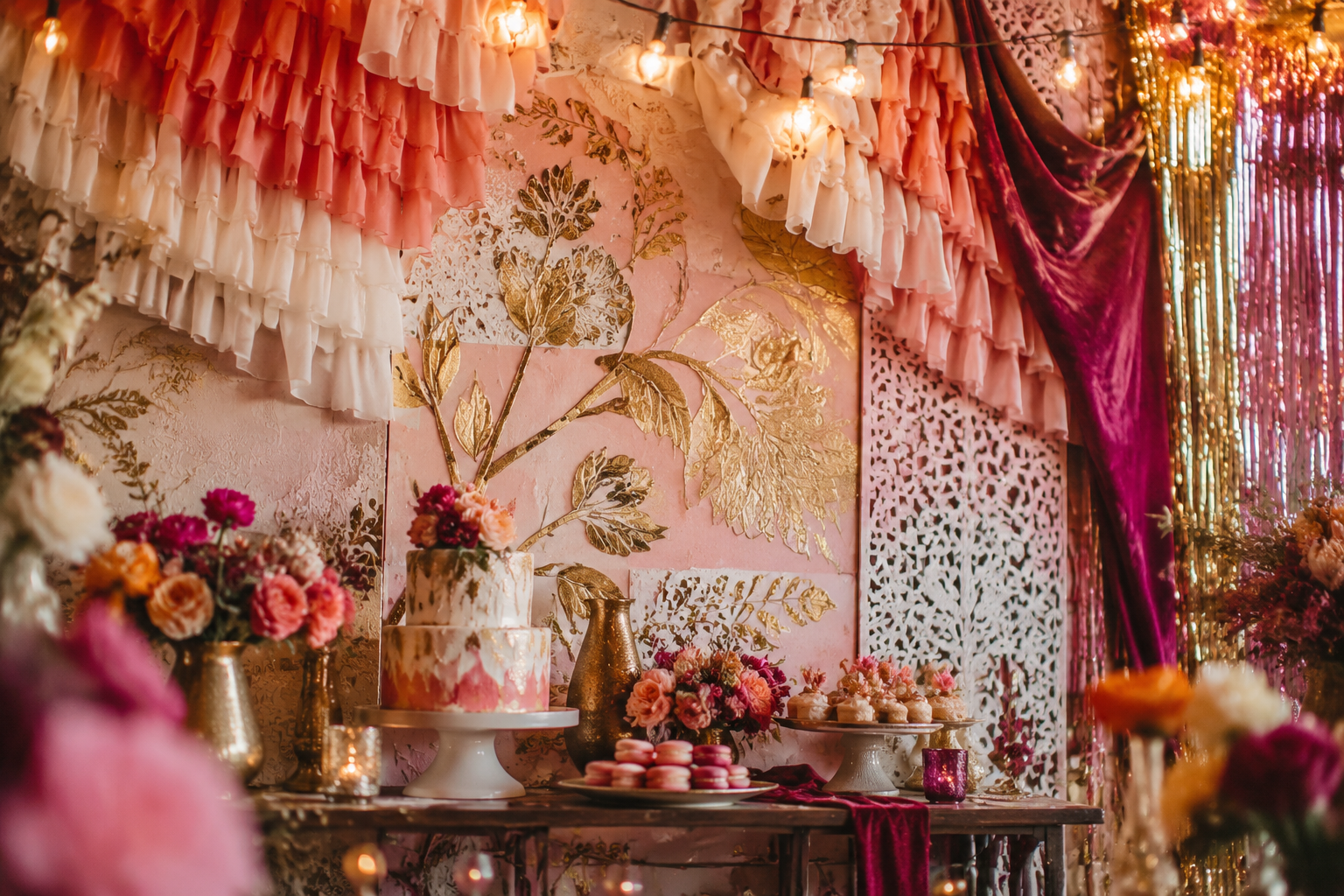 () editorial illustration showing a close-up styled vignette of a maximalist party feature wall with layered fabric ruffles