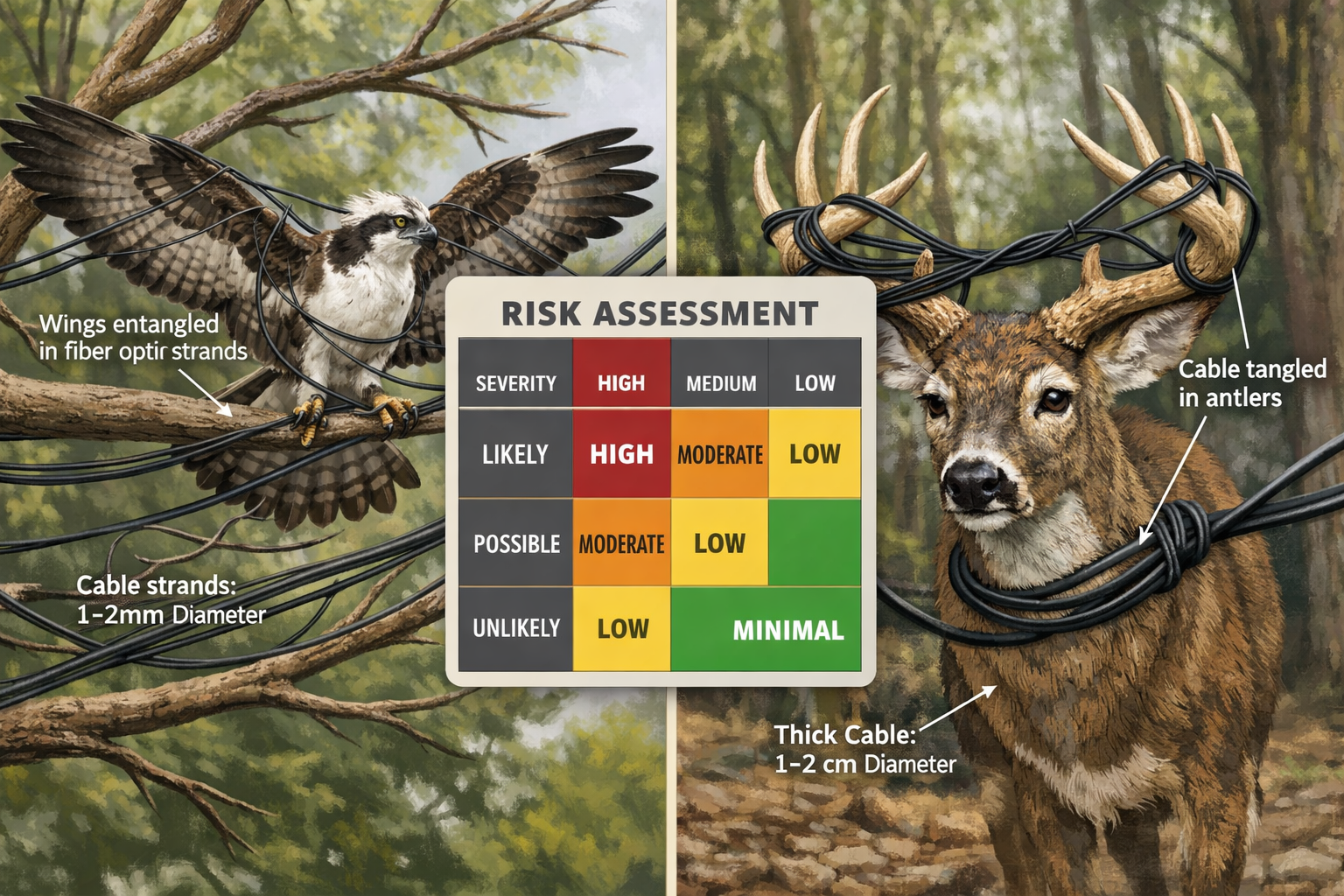 () split-screen comparison infographic showing wildlife entanglement scenarios: left side depicts bird with wings caught in