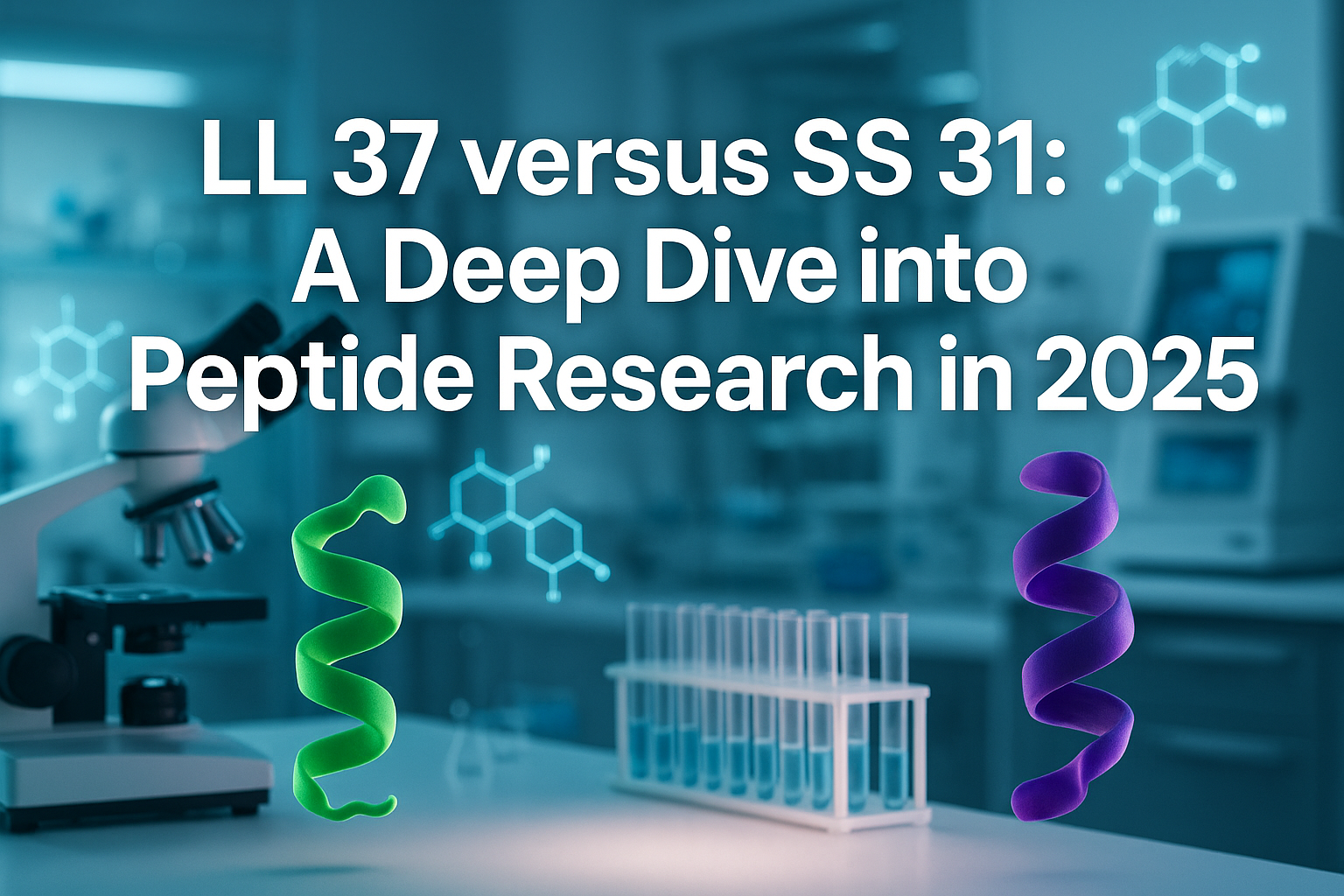 Professional landscape hero image (1536x1024) with bold text overlay: 'LL 37 versus SS 31: A Deep Dive into Peptide Research in 2025', moder