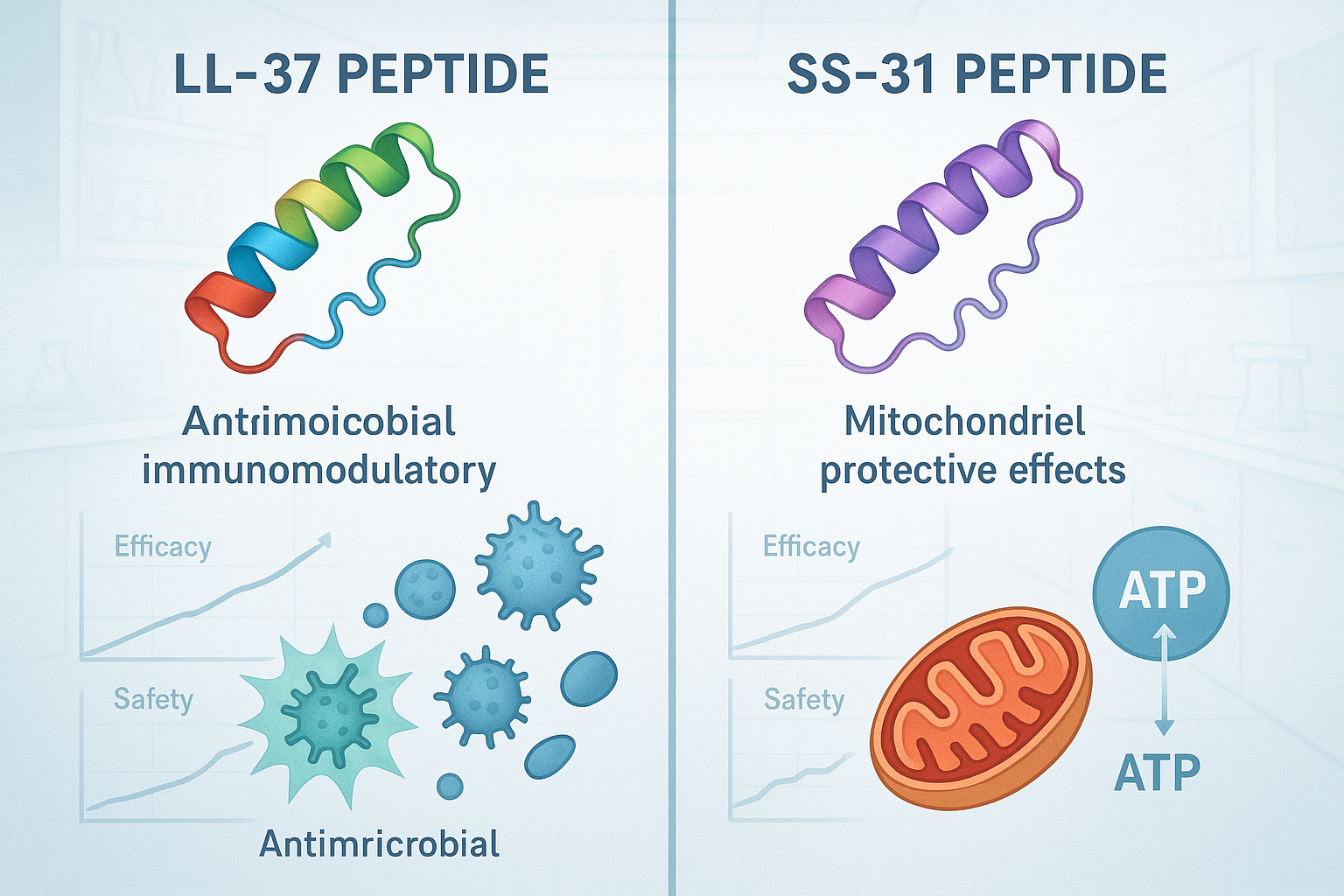 Scientific illustration depicting the molecular structures of LL – 37 and SS – 31 peptides, highlighting their distinct features and mechani