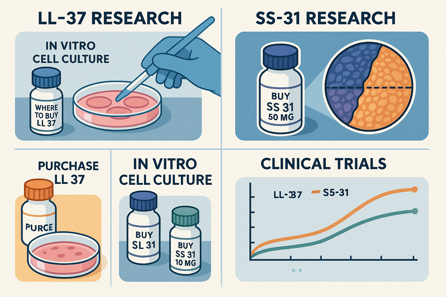A dynamic infographic showcasing the diverse research applications and future potential of both LL – 37 and SS – 31 peptides. This prompt sh
