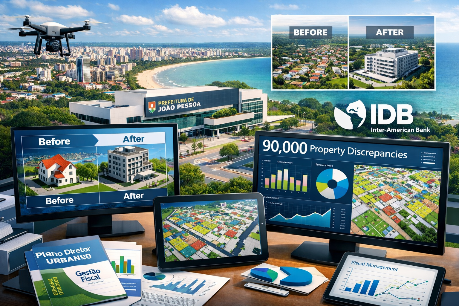 Detailed landscape format (1536x1024) image showing infrastructure modernization and property tax management technology in João Pessoa, feat