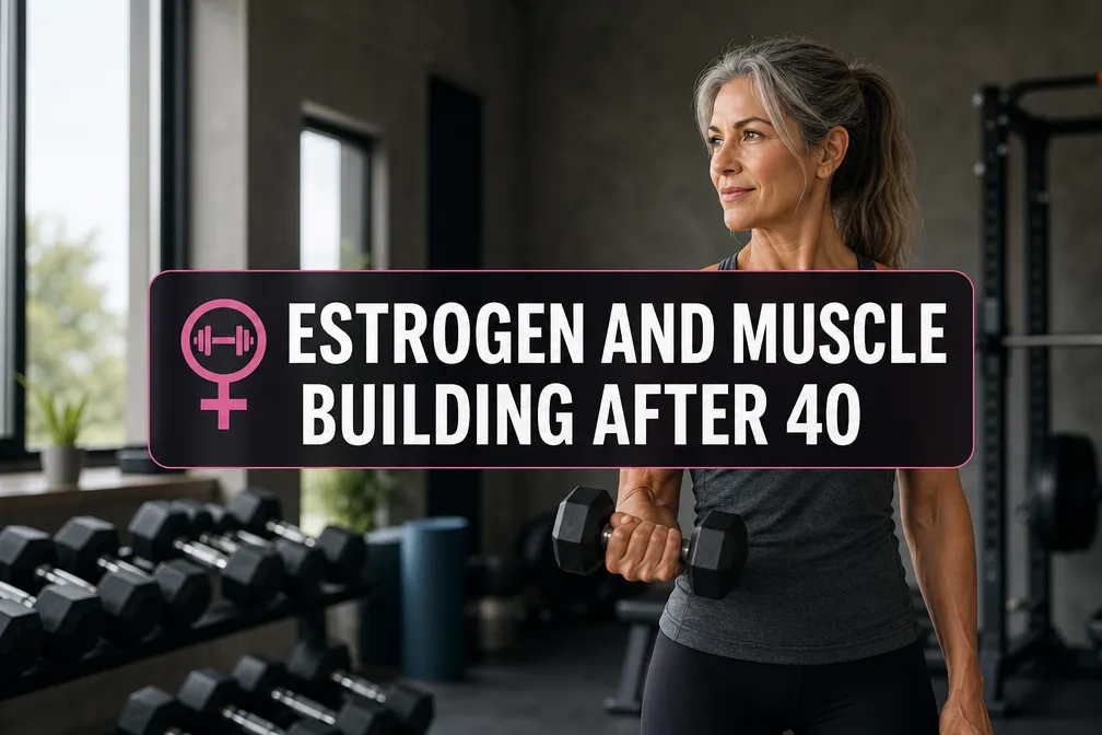 Professional landscape hero image () with a reading "Estrogen and Muscle Building After 40". CRITICAL TYPOGRAPHY RULES: