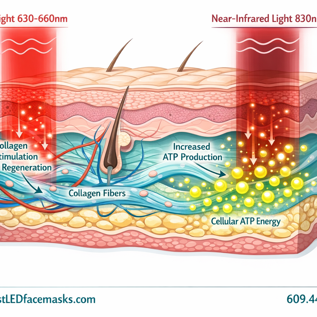 Detailed () illustration showing a scientific cross-section diagram of human skin layers with colored light wavelengths (red