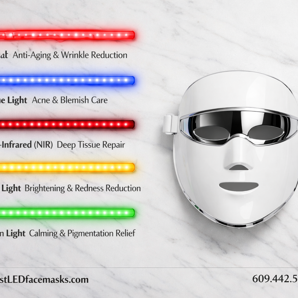Detailed () showing a flat-lay comparison of different LED light wavelengths displayed as glowing colored bars (red, blue,