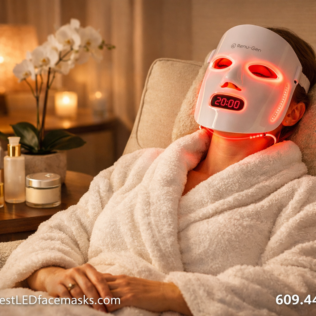Detailed () showing a woman reclining comfortably in a modern spa-like home setting wearing the Renu-Gen LED face mask, soft