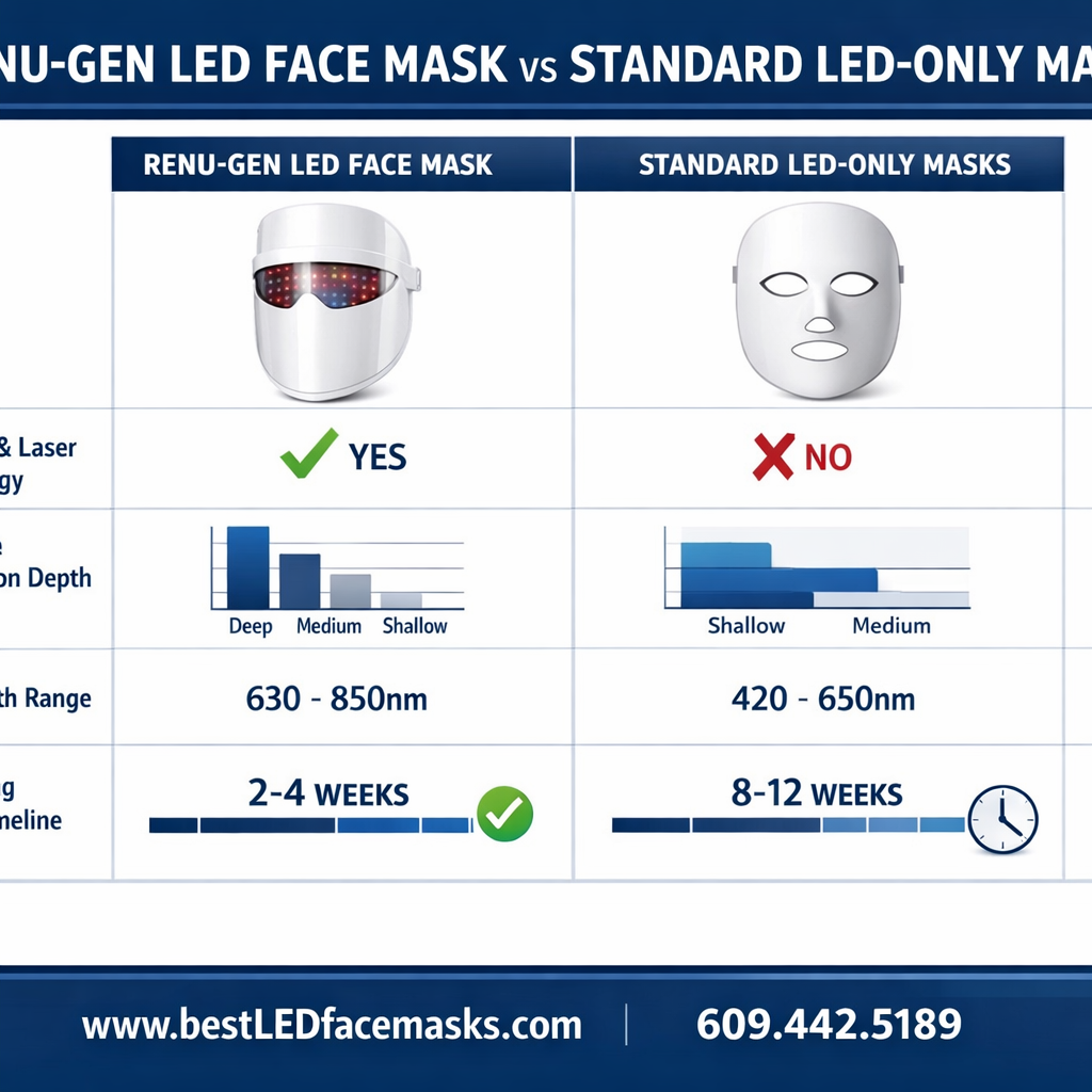 Detailed () showing a professional comparison table graphic as a styled infographic, contrasting Renu-Gen LED face mask