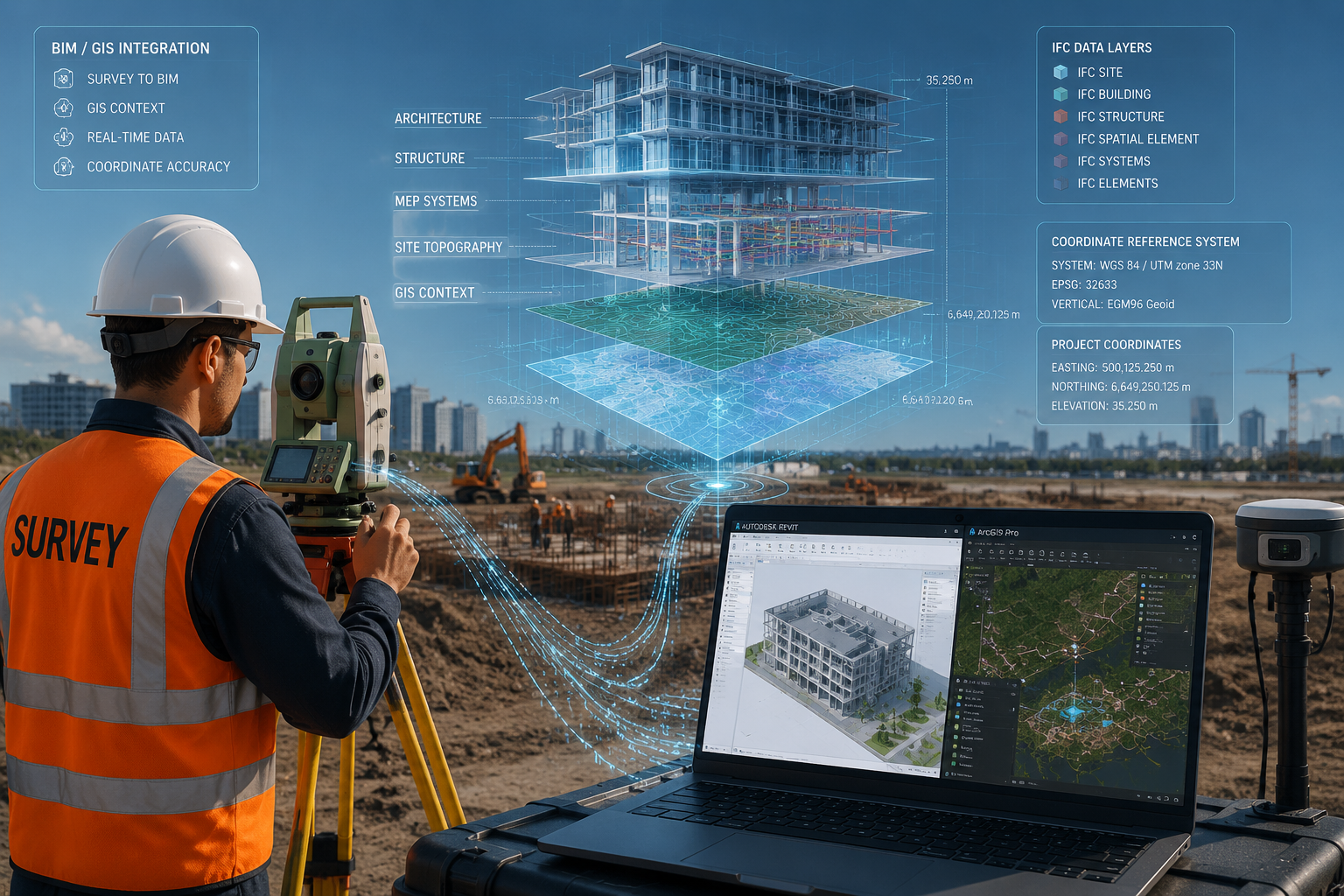 Wide-angle () technical illustration showing a land surveyor in high-visibility vest operating a total station instrument on