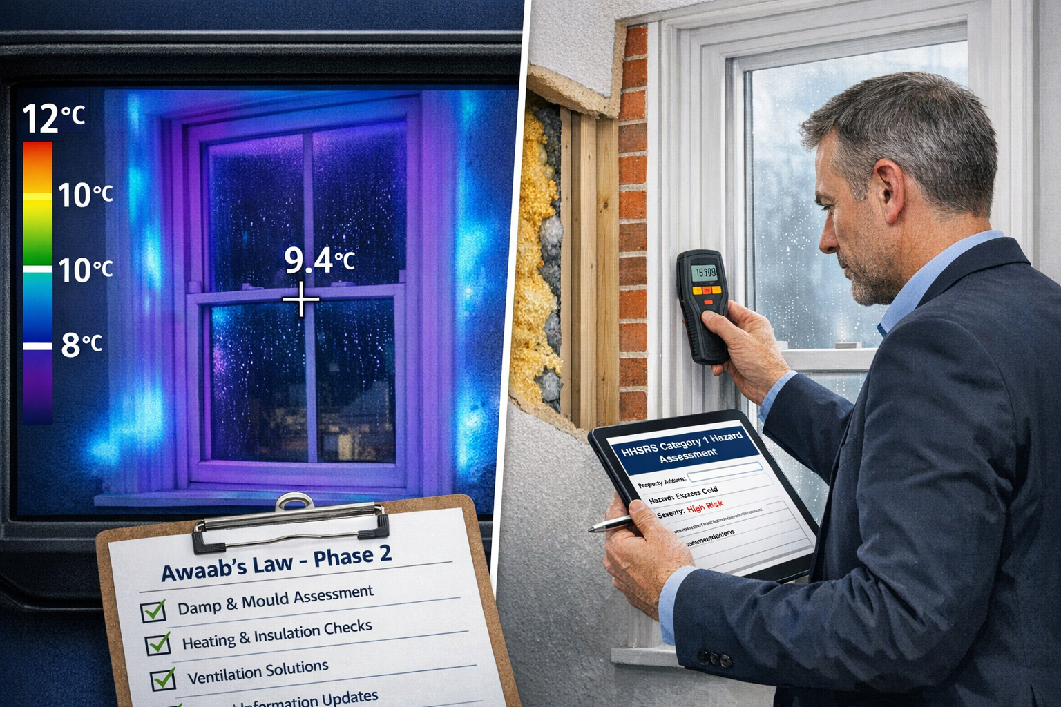 Detailed () editorial image showing split-screen composition of excess cold hazard identification in private rental