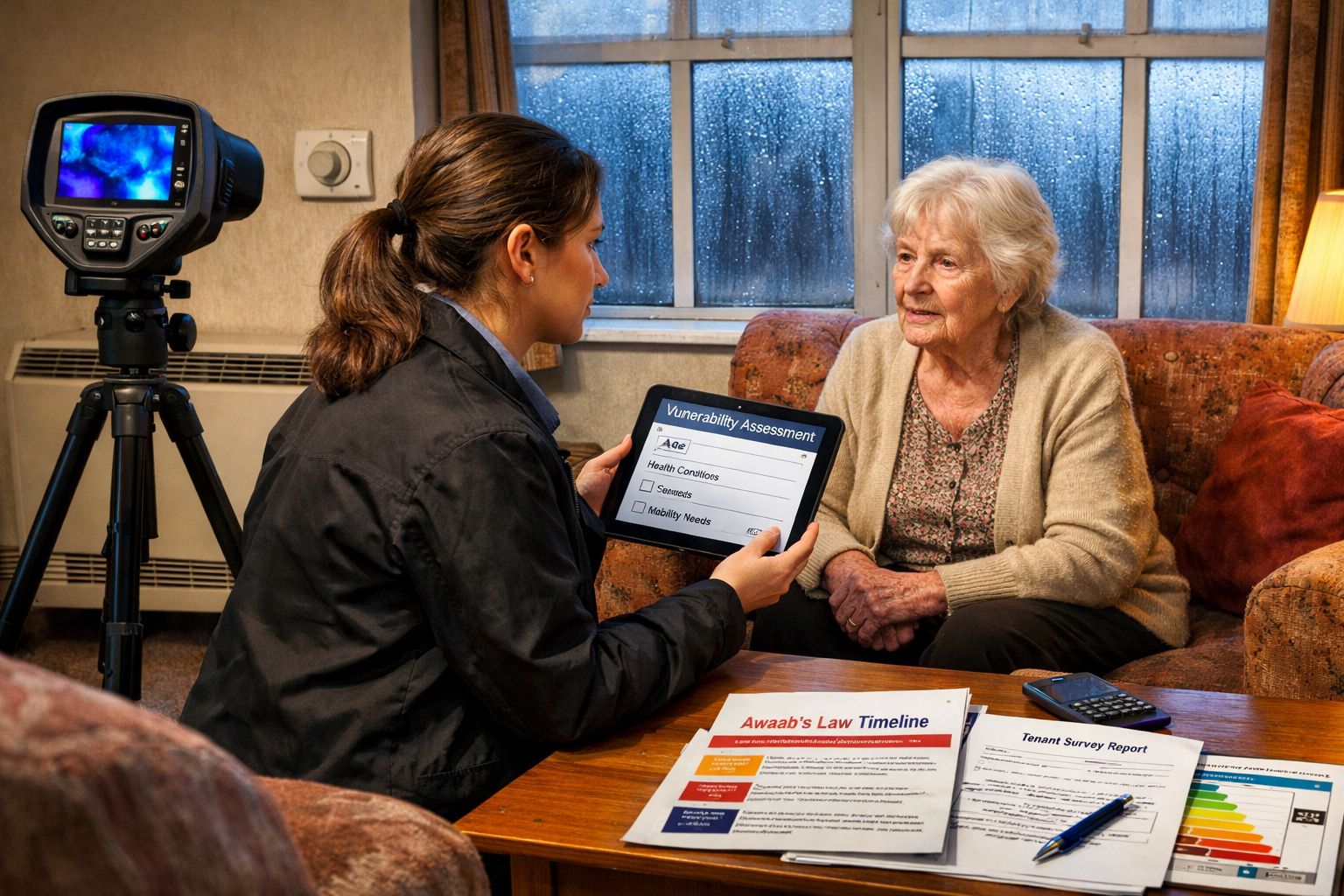 Wide-angle () professional photograph of comprehensive PRS compliance inspection scene in rental property living room.