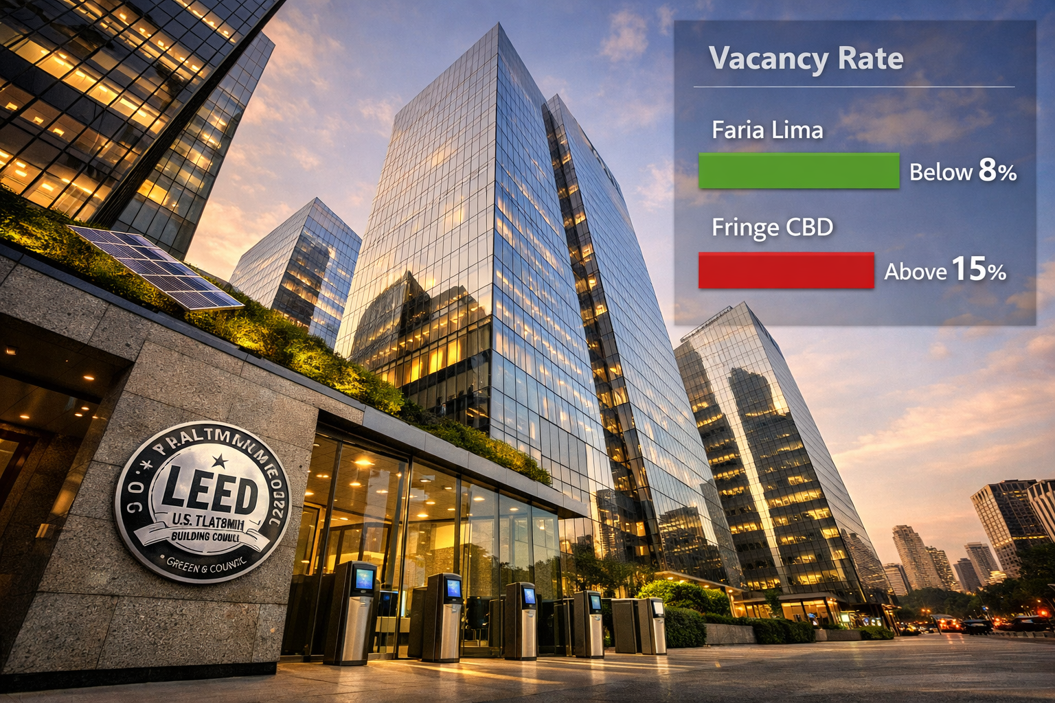 Wide-angle ground-level perspective () looking up at a cluster of Faria Lima Grade A glass office towers at golden hour,