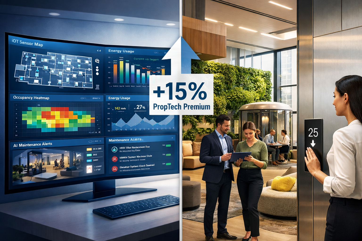 Dynamic split-screen composition (): left half shows a sleek PropTech smart building control dashboard on large curved