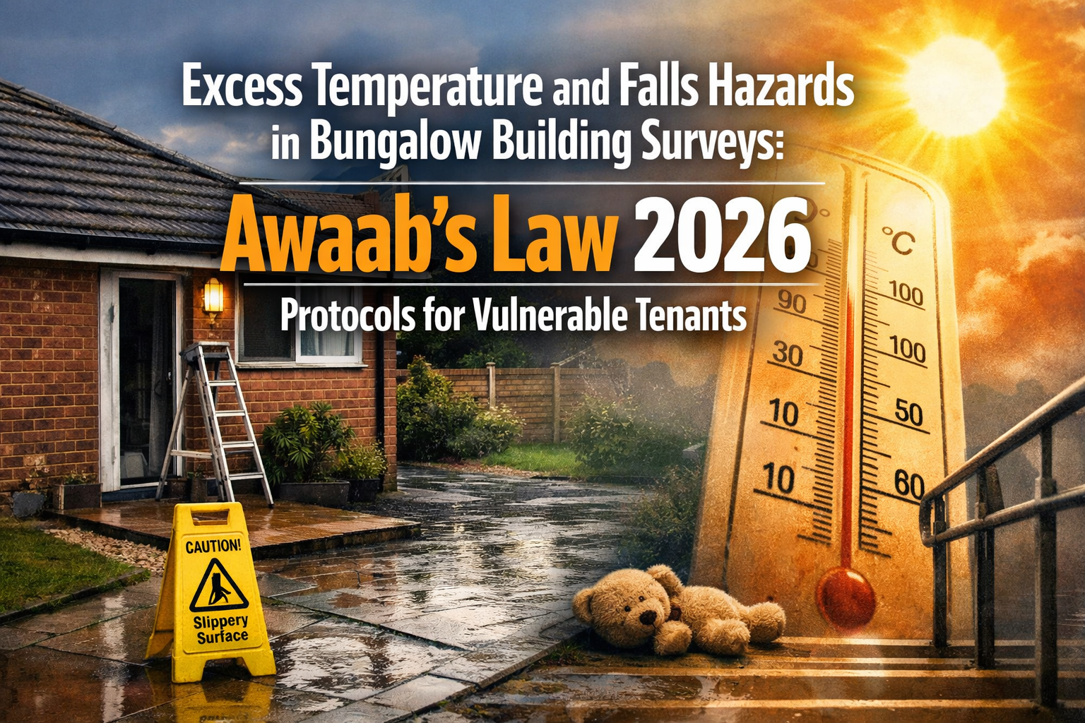 Professional landscape hero image () with : "Excess Temperature and Falls Hazards in Bungalow Building Surveys: Awaab's Law