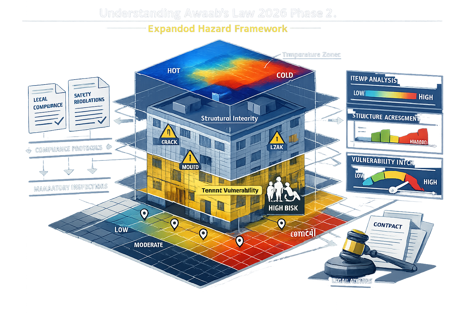 Detailed architectural/legal visualization for 'Understanding Awaab's Law 2026 Phase 2' exploring expanded hazard framework.