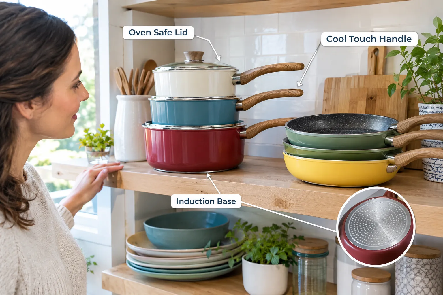 Annotated documentary style photo of a kitchen shelf displaying several budget ceramic nonstick pots and pans of different colors stacked neatly, small callout labels pointing to features like Cool Touch Handle, Oven Safe Lid, Induction Base, bright natural daylight, home kitchen setting, editorial product photography. Oven Safe Limits, Induction Compatibility, and Metal Utensils: What You Need to Know