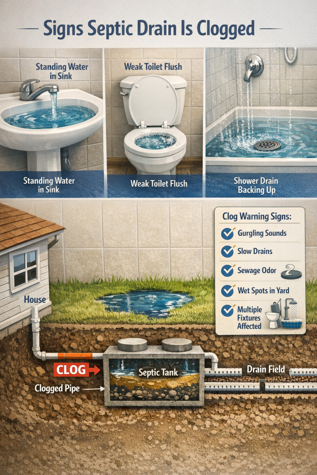 Infographic-style editorial image focused on diagnosing a clogged septic drain. Show a split-scene composition: top half