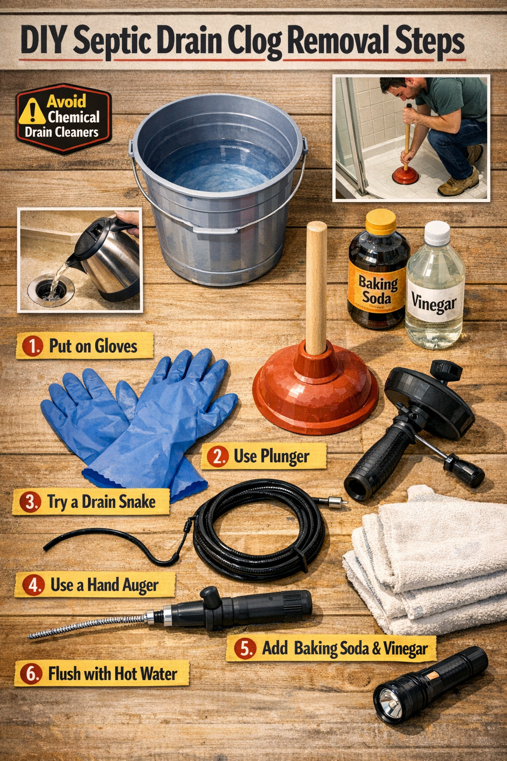 Step-by-step visual guide for DIY Septic Drain Clog Removal Steps. Show an overhead workbench scene with septic-safe tools