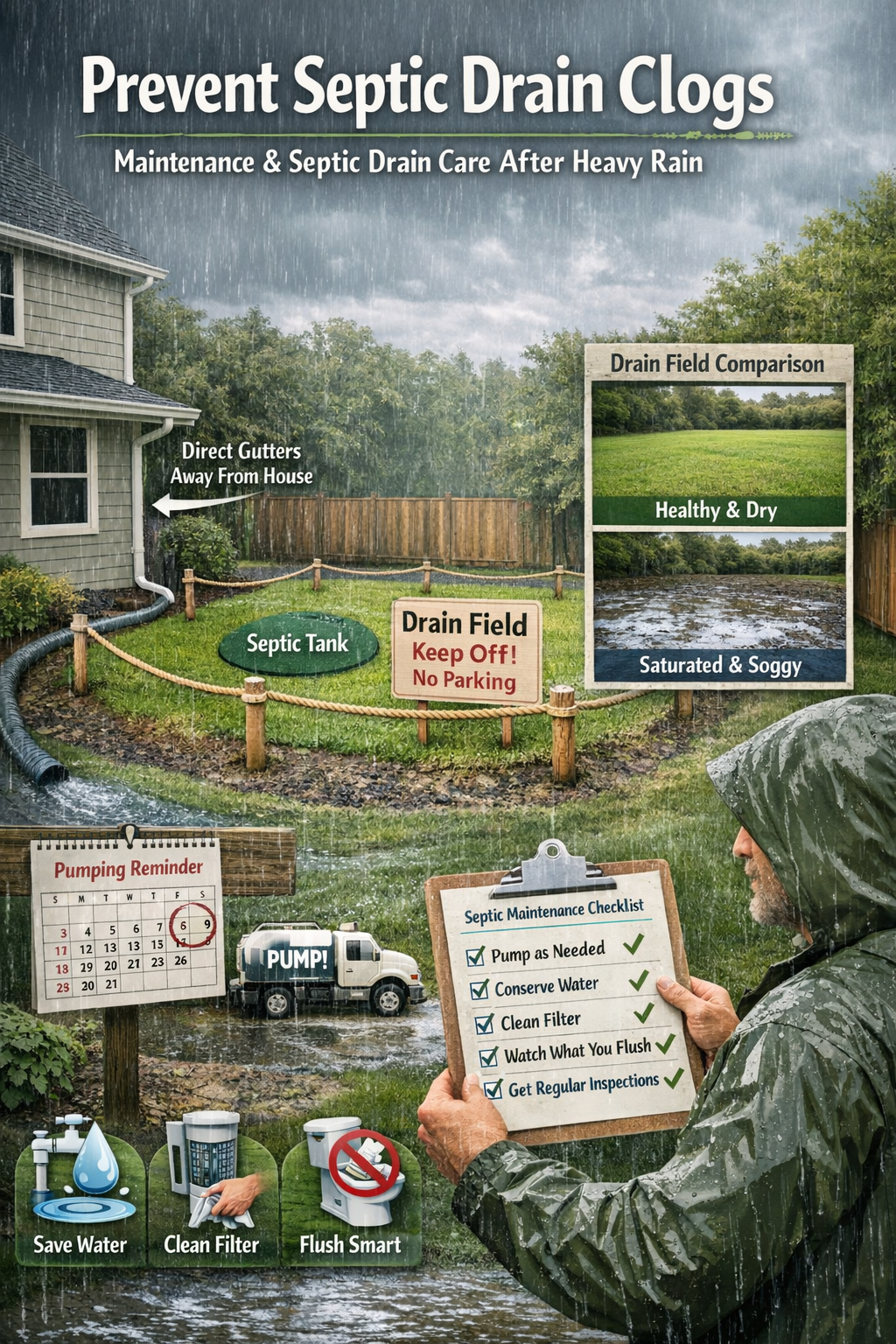 Seasonal prevention image about Prevent Septic Drain Clogs Maintenance and Septic Drain Care After Heavy Rain. Show a