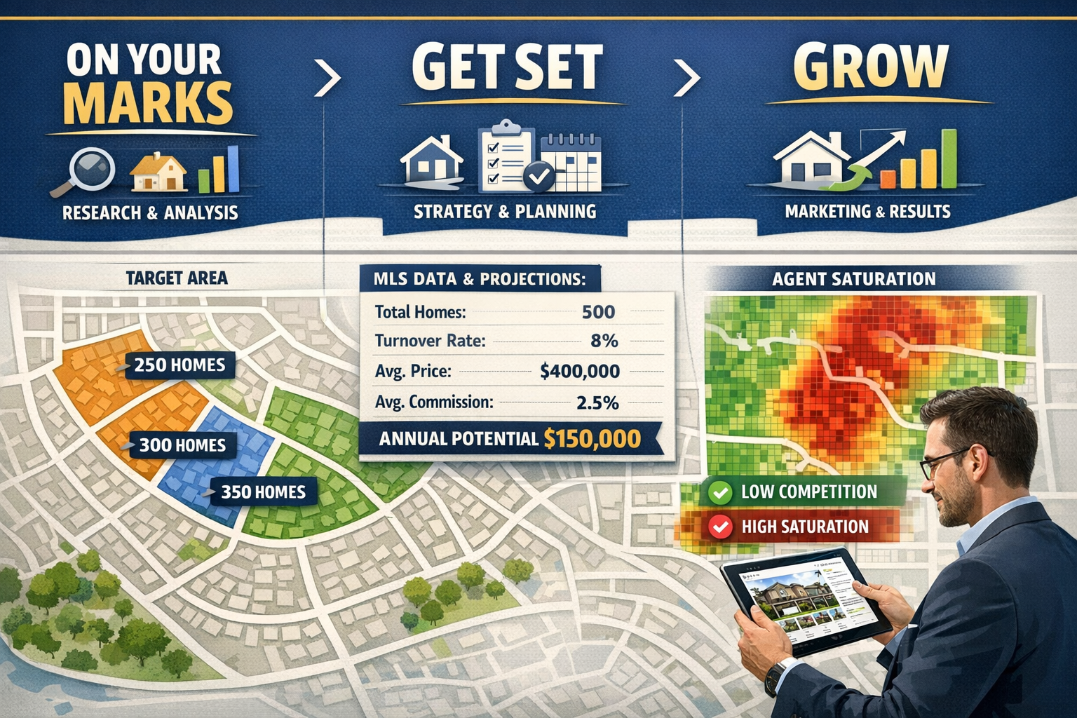 Landscape format (1536x1024) detailed infographic showing three-step real estate farming framework with bold text overlays: 'On Your Marks',