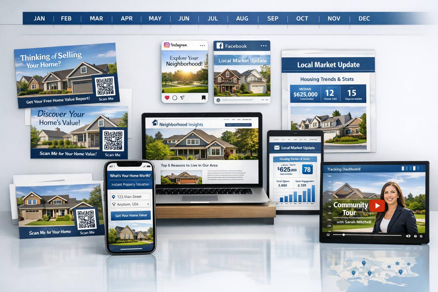 Landscape format (1536x1024) comprehensive visual showing multi-channel marketing campaign calendar spread across 12 months. Features direct