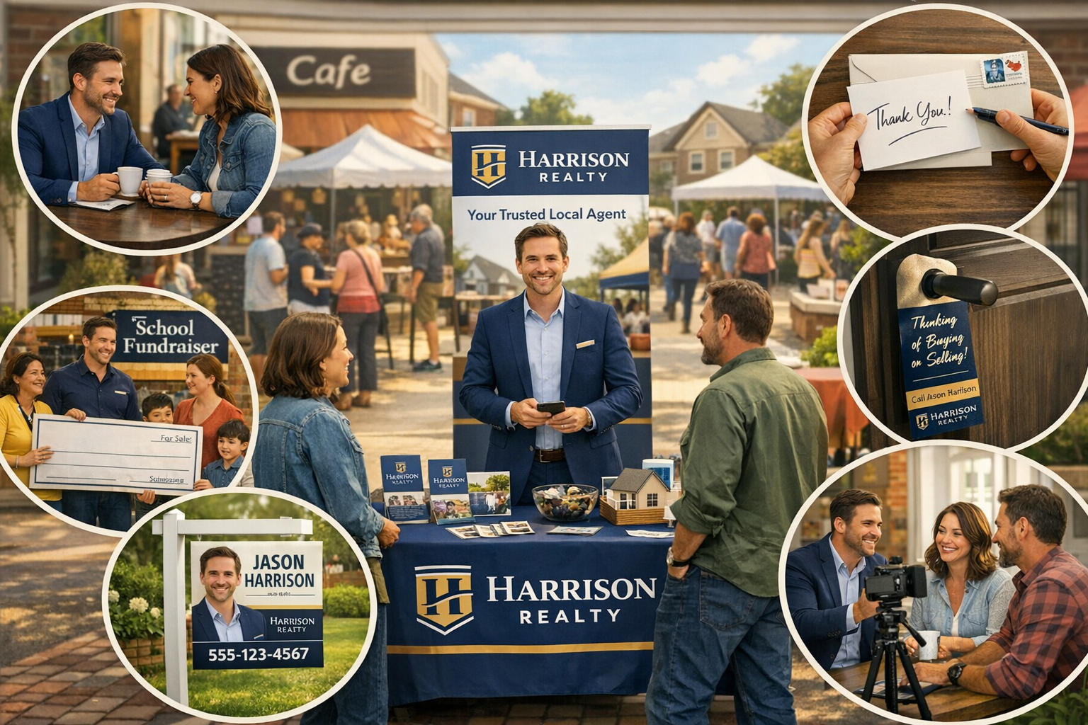 Landscape format (1536x1024) relationship-building concept illustration showing real estate agent engaging with neighborhood community. Cent