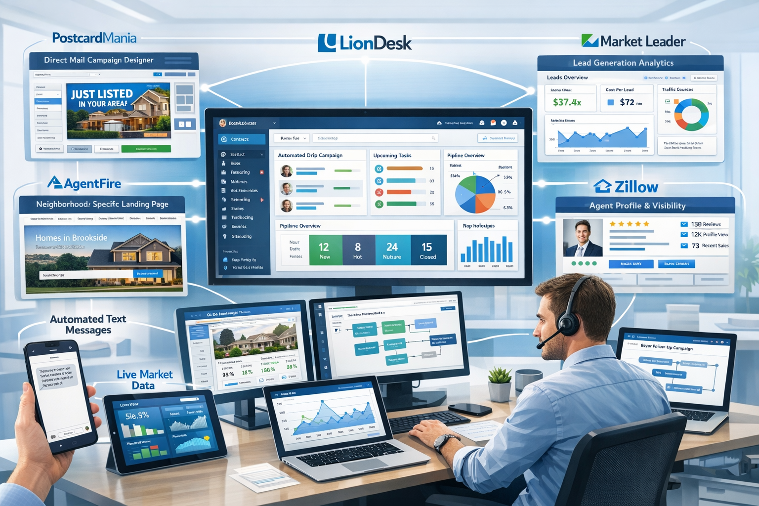 Landscape format (1536x1024) technology stack visualization for modern real estate farming showing interconnected platform ecosystem. Center