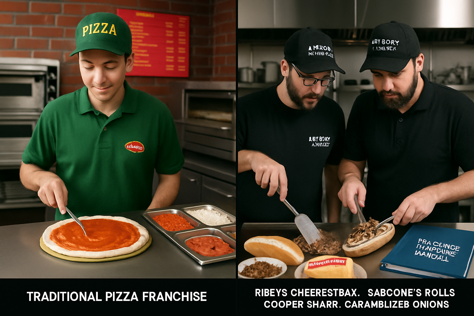 Split-screen comparison image showing traditional pizza franchise setup versus Anthony & Luca's modern approach. Left side displays generic