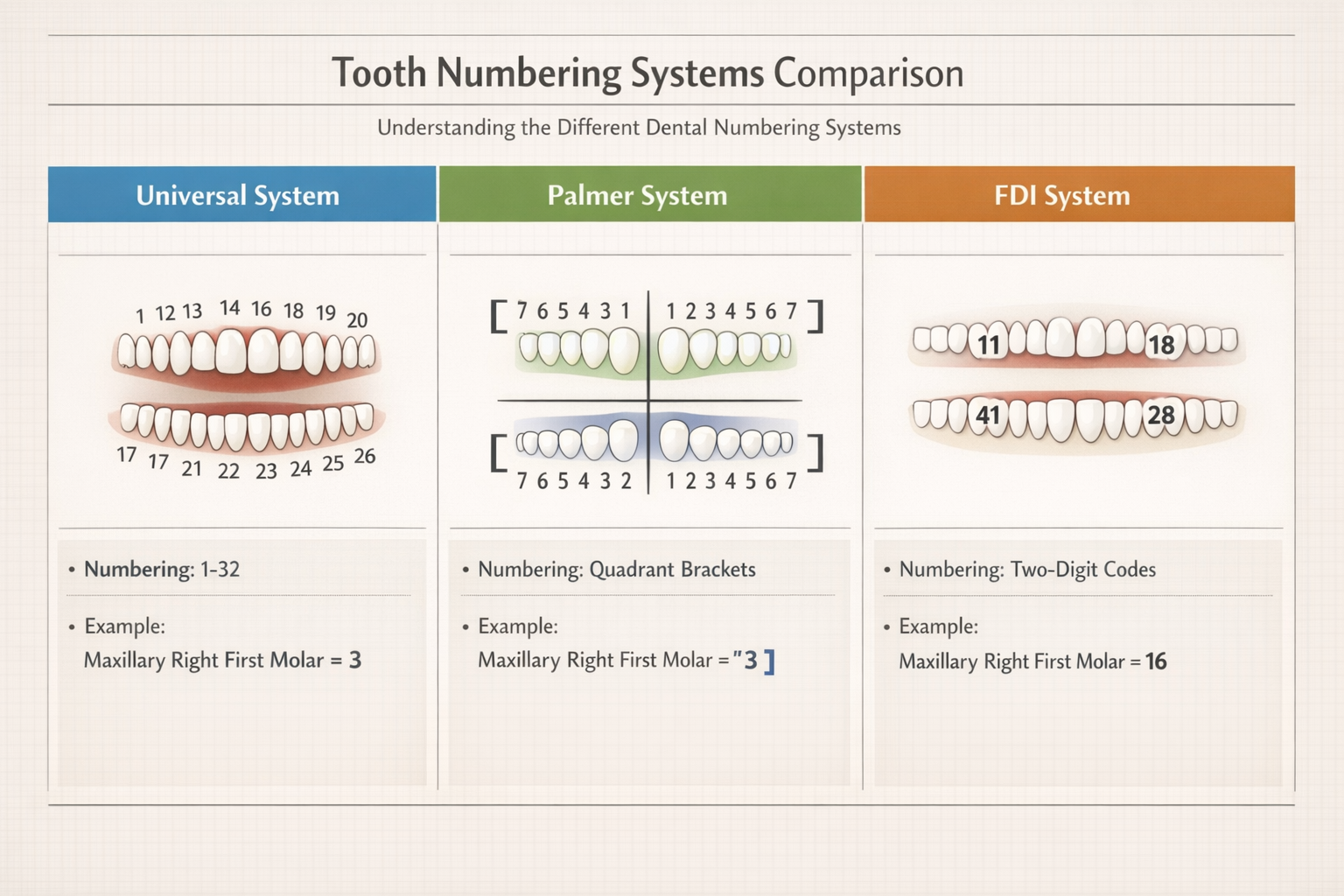 Detailed () image presenting a side-by-side comparison table or infographic of the three primary tooth numbering systems: