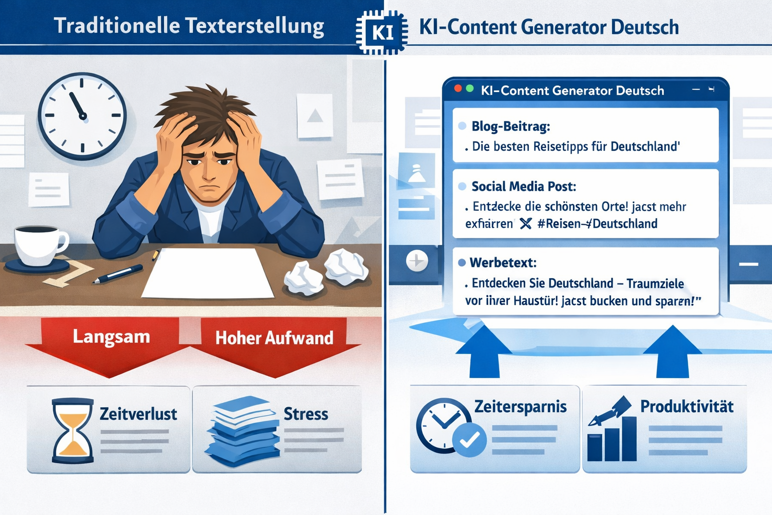 Landscape format (1536x1024) image showing split-screen comparison of traditional content creation vs AI content generation in German worksp - KI Content Generator Deutsch 2 Landscape format (1536x1024) image showing split-screen comparison of traditional content creation vs AI content generation in German worksp